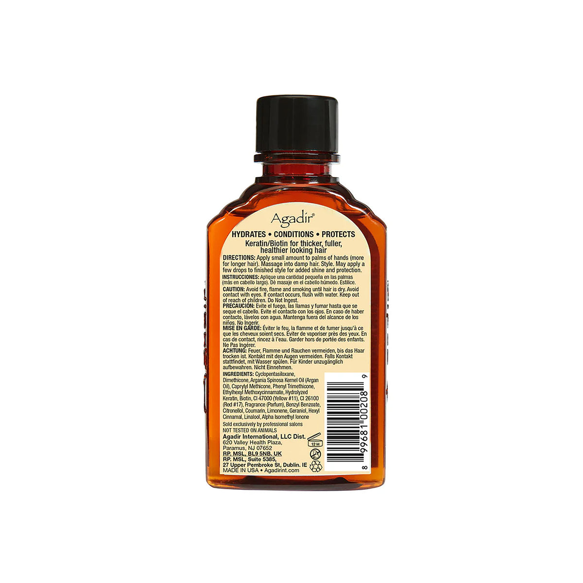 Back of a brown glass bottle of Agadir Argan Oil Hair Treatment. The label shows product information.