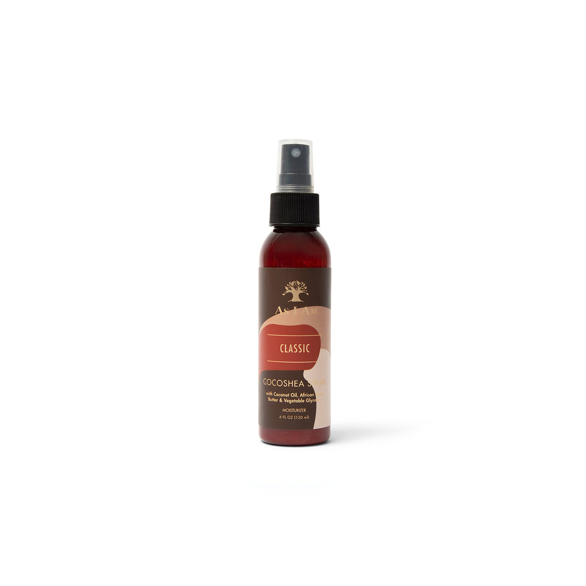 A brown spray bottle with a label contains As I Am Classic CocoShea spray. The product is designed to moisturize and protect the hair. The label has a picture of a coconut and mentions ingredients such as coconut oil and shea butter.