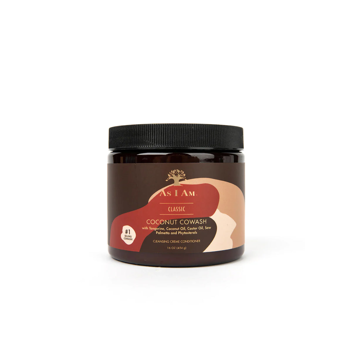 A brown tin with a label contains As I Am Classic Coconut Co-Wash. The product is designed to clean and moisturize curly hair. The label has a picture of a coconut and mentions ingredients such as coconut oil and castor oil.