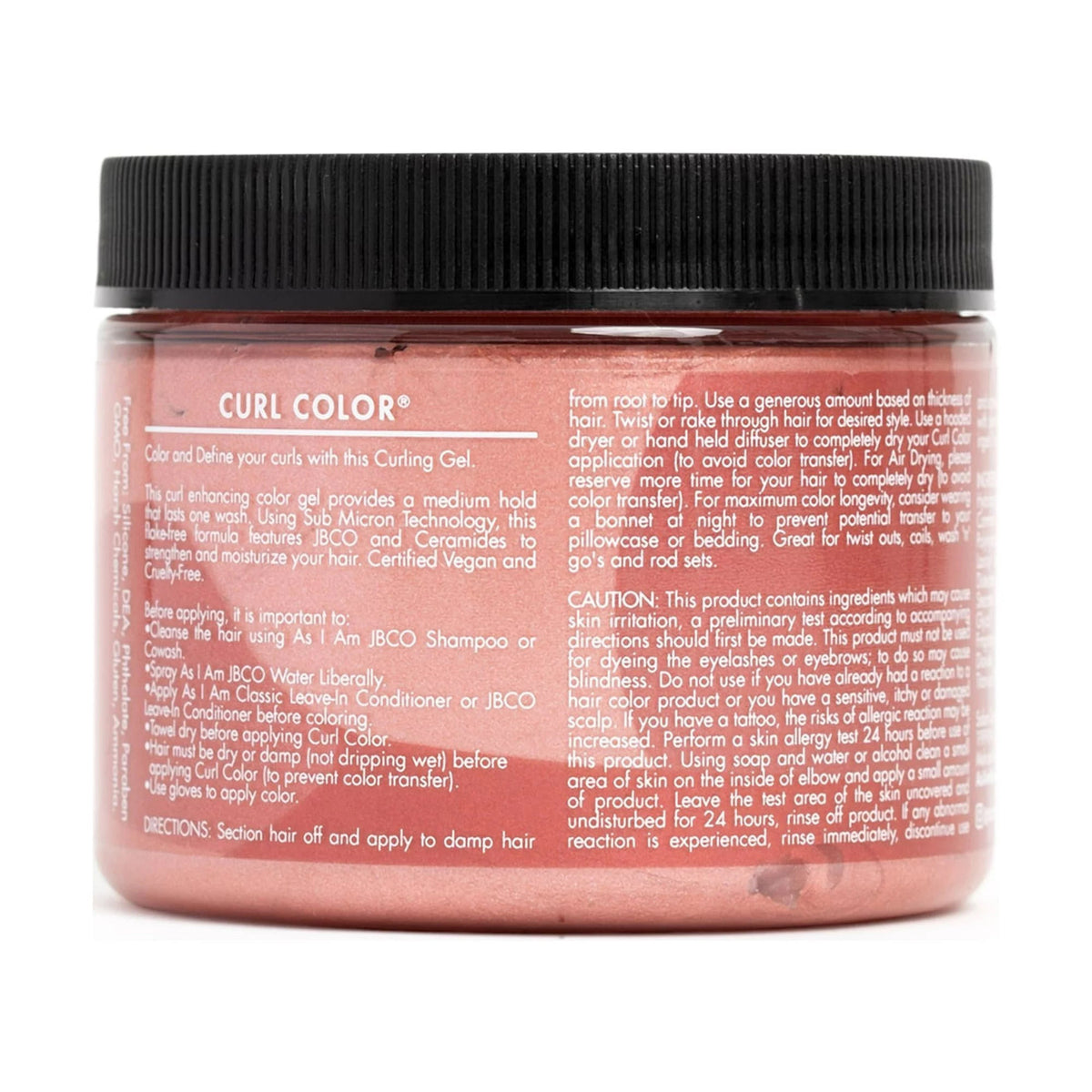As I Am Curl Color Temporary Color Gel in the color Rose Gold (182g): The picture shows the back of the jar with detailed information on instructions for use, ingredients and warnings.