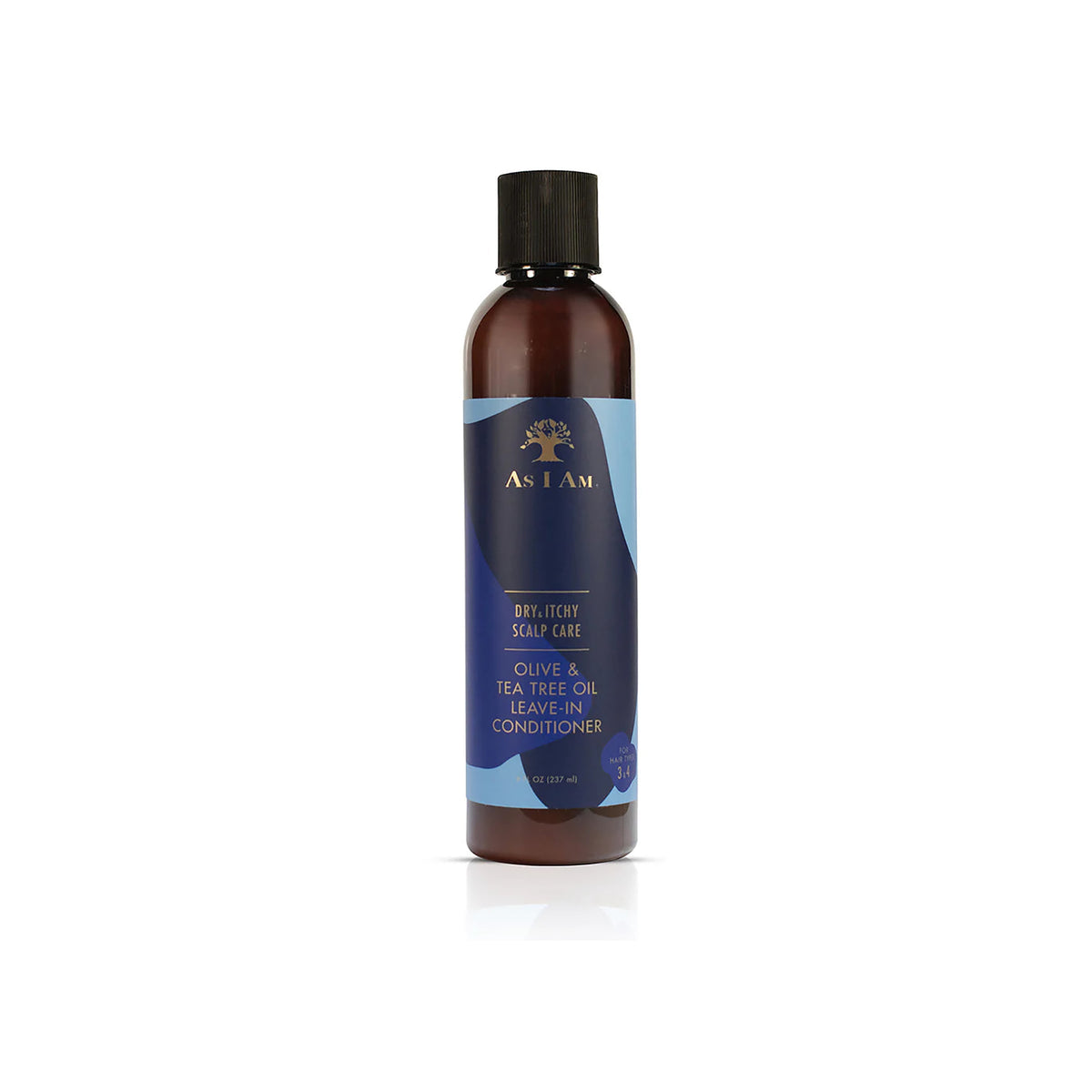 Bottle of As I Am Dry & Itchy Scalp Care Leave-In Conditioner with olive oil and tea tree oil for dry and itchy scalp care.