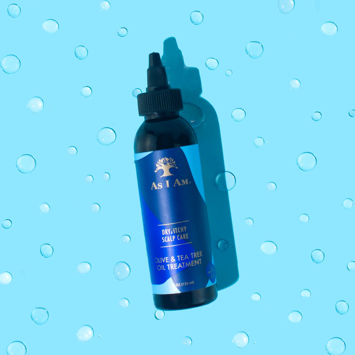 Illustrative image of As I Am Dry & Itchy Scalp Care Oil Treatment for dry and itchy scalp, presented on a light blue background with bubbles.