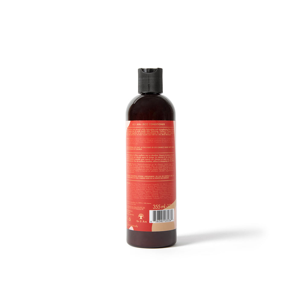 The back of a 355ml bottle of As I Am Jamaican Black Castor Oil Leave-In Conditioner showing ingredient list and product description.