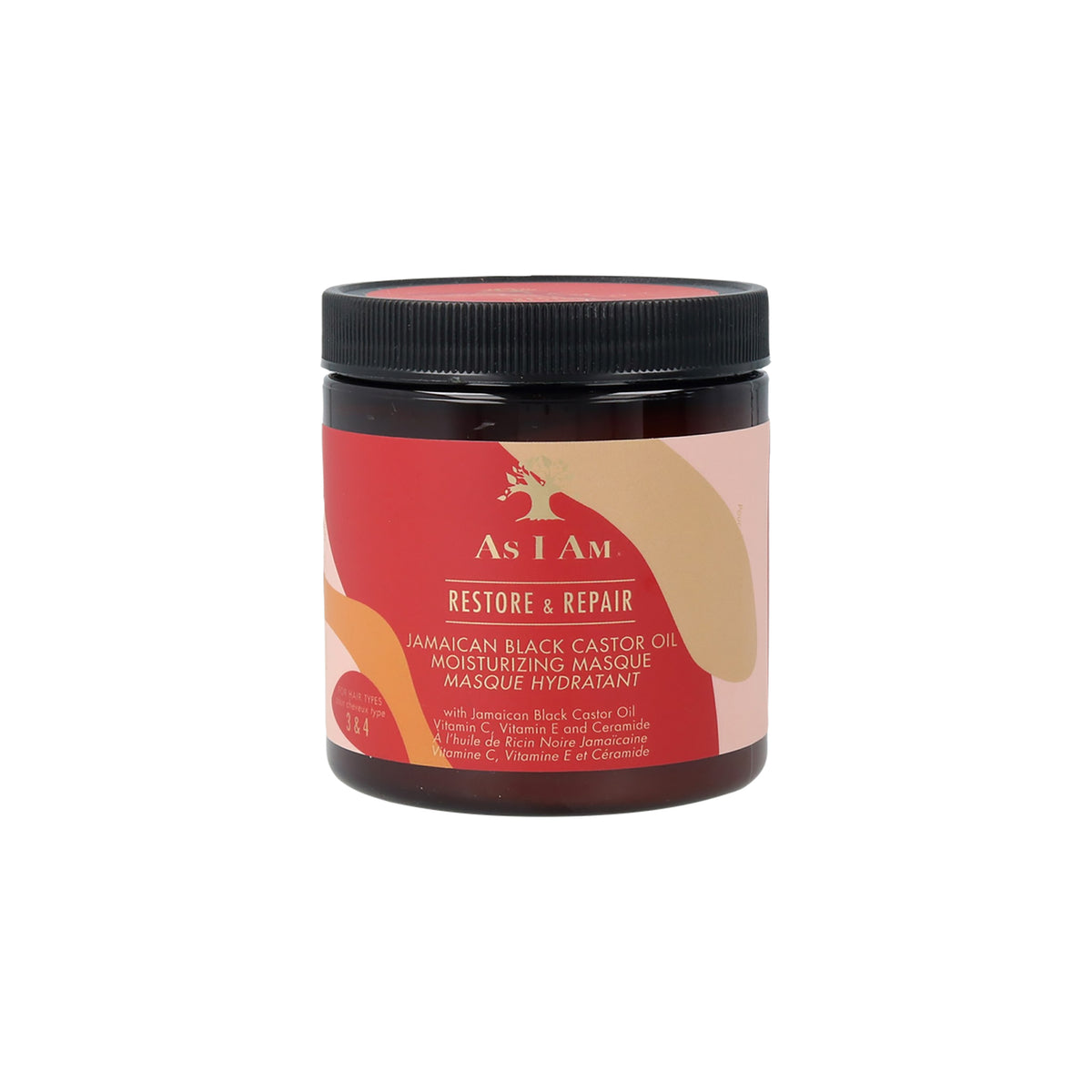As I Am Jamaican Black Castor Oil Moisturizing Masque (227g) with a pink and beige label showing the product name and description in both English and French.