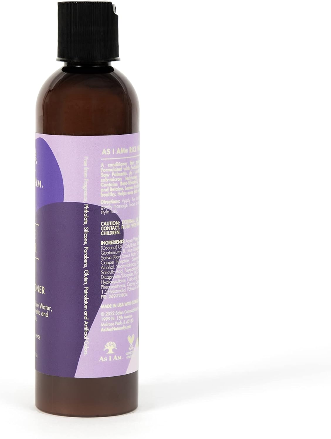 The side of a brown bottle of As I Am Rice Water Conditioner (237 ml) with a purple label showing cautions and part of the ingredient list.