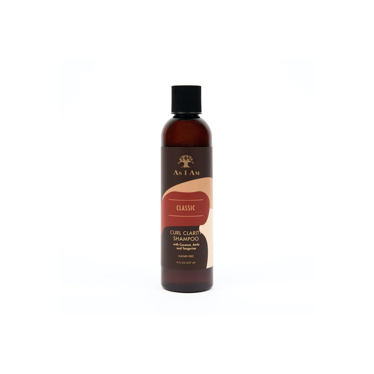 A brown shampoo bottle with a label stands on a light background. The bottle contains As I Am Curl Clarity Shampoo and has a picture of a tree on the label.