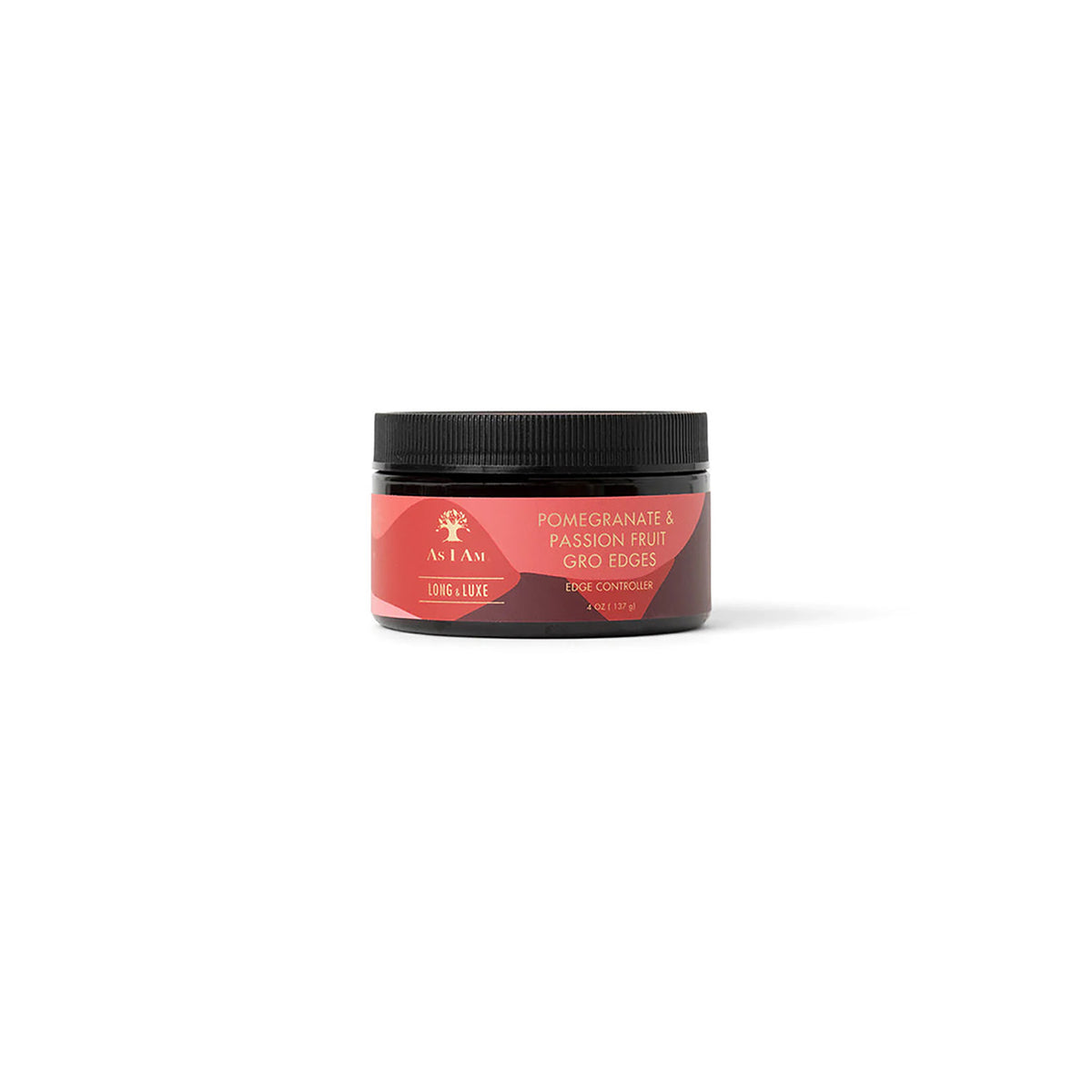 A black container of As I Am Long & Luxe GroEdges (113g) with a pink label displaying the product name "GroEdges" and the text "Edge Controller".