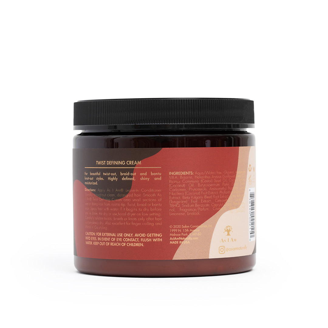 The back of a jar of As I Am Classic Twist Defining Cream (454g) with product information, ingredient list, instructions for use and warnings.