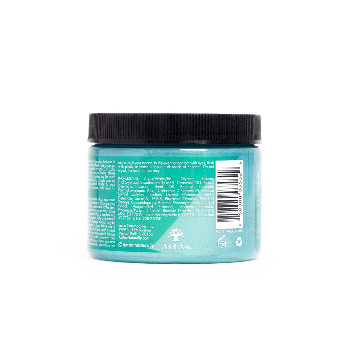 Side of a jar of As I Am Curl Color Temporary Color Gel in Minty Mermaid (182g) showing ingredients list, warnings and contact details.