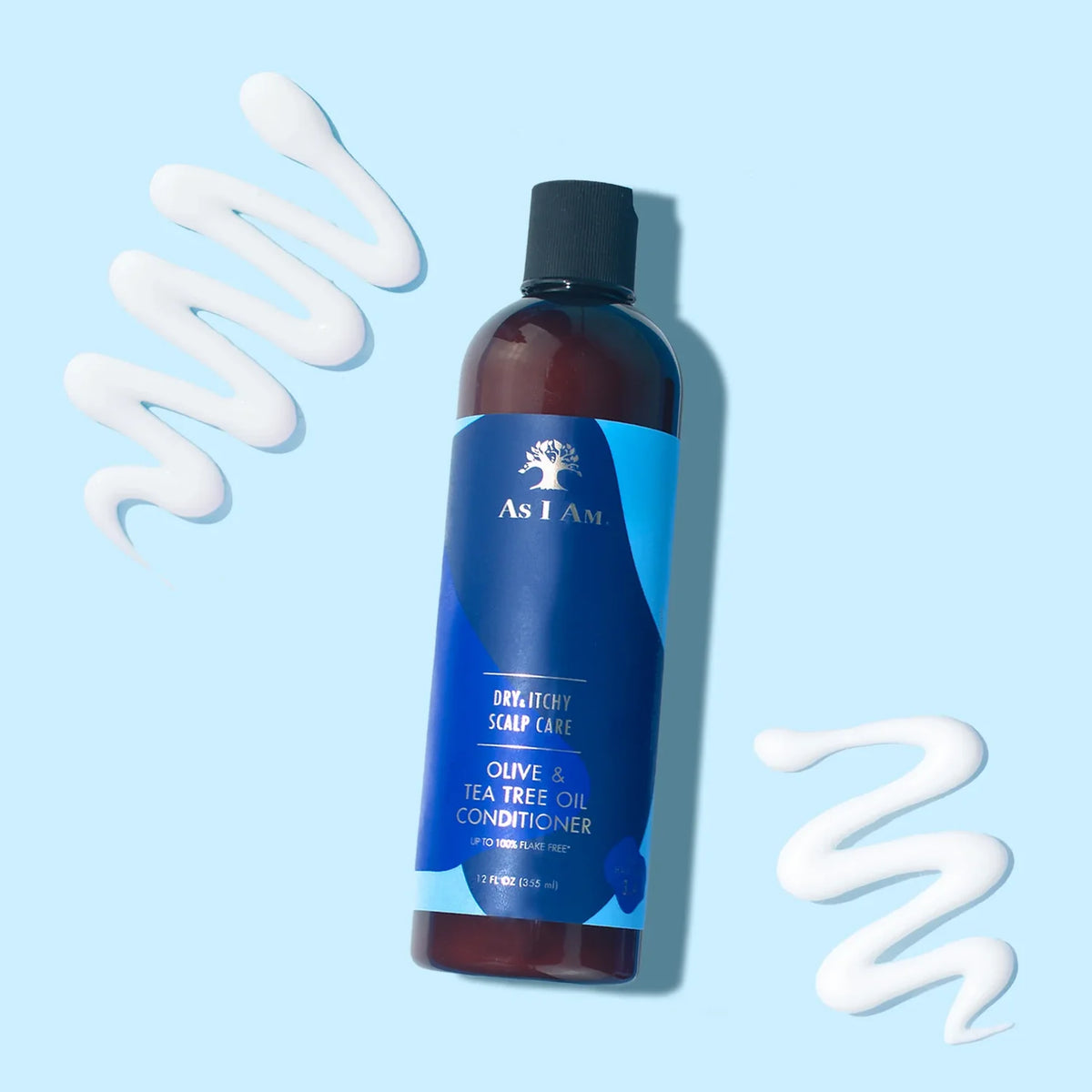 Image of As I Am Dry & Itchy Scalp Care Olive & Tea Tree Oil Conditioner (237ml) bottle with white stripes of the product on a light blue background to illustrate the consistency.