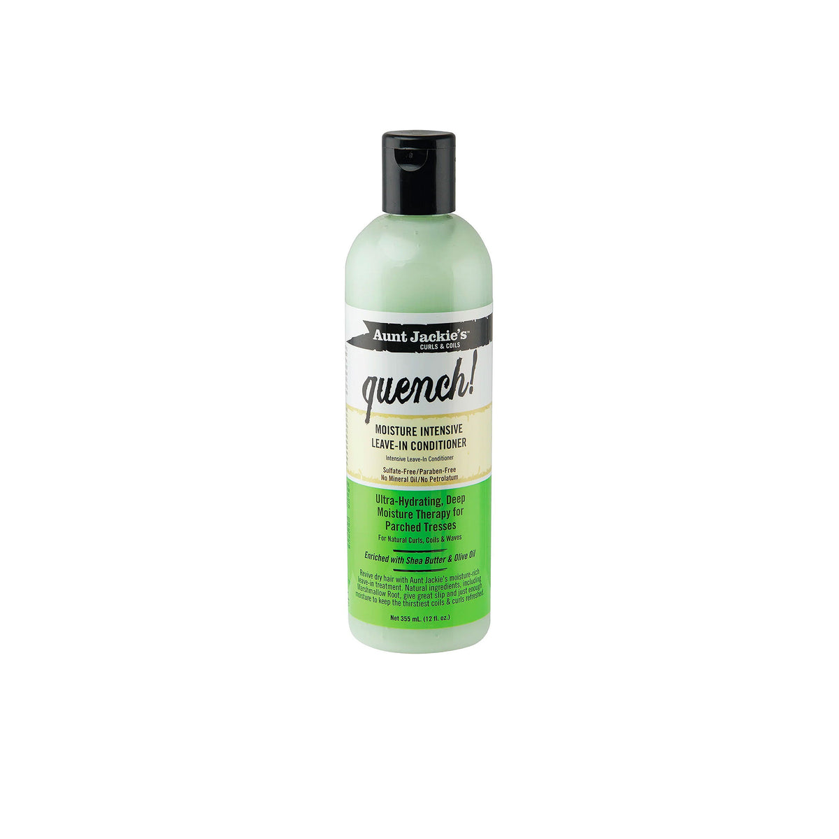 Aunt Jackie's Quench Moisture Intensive Leave-In Conditioner in clear bottle with black cap.