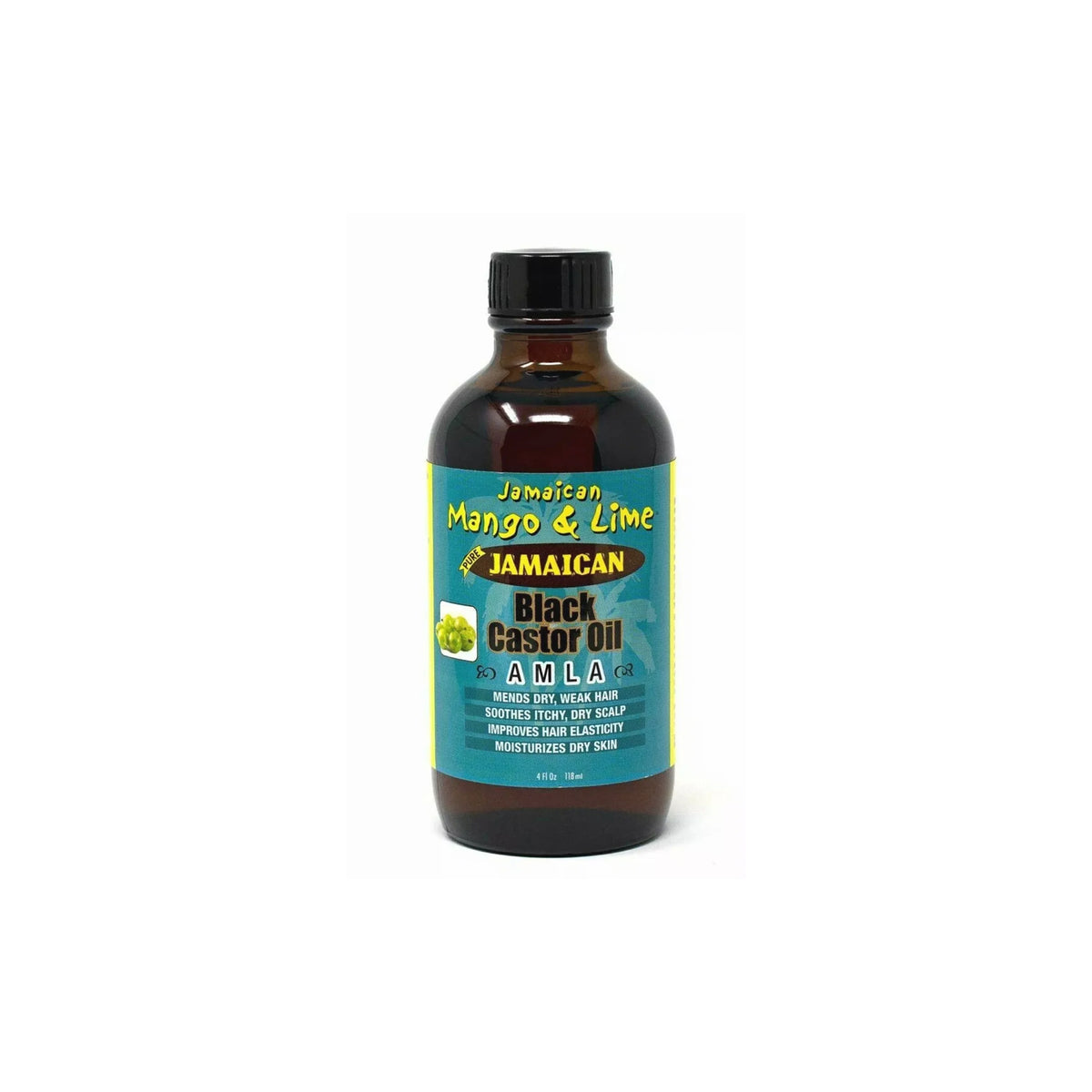 118 ml bottle of Jamaican Mango & Lime Black Castor Oil Amla with black cap and yellow label.