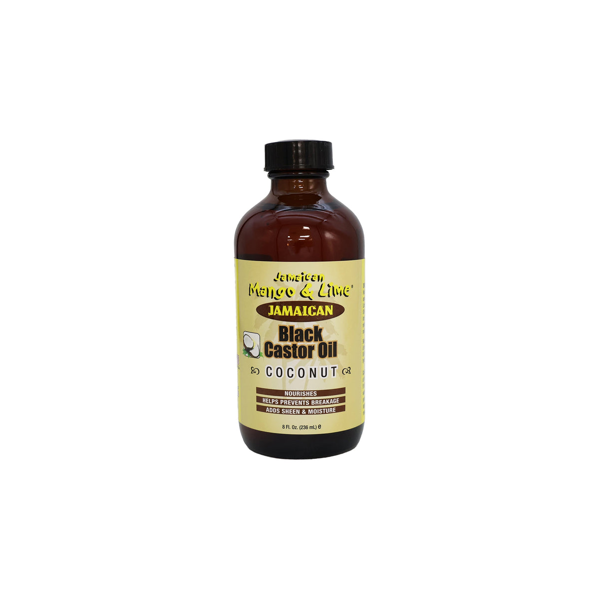 236ml bottle of Jamaican Mango & Lime Black Castor Oil Coconut with black cap and cream colored label.
