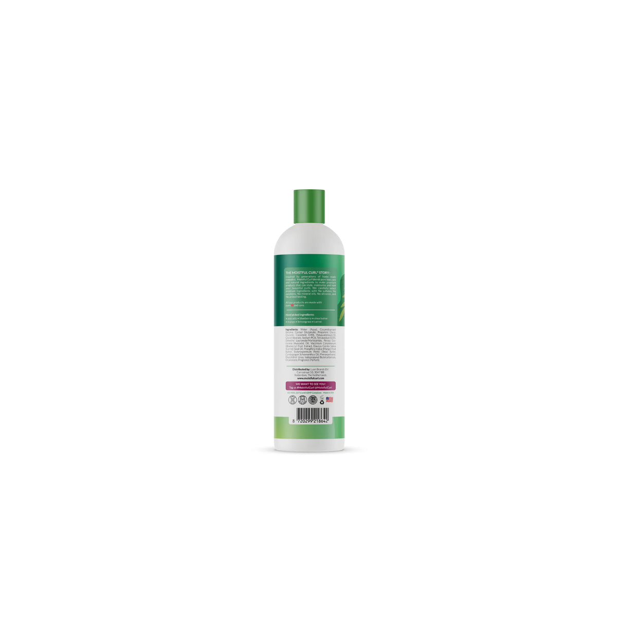 Back of Moistful Curl Sulfate Free Curl Enhancing Conditioner (473ml) with ingredient list and information on moisture and definition for curls.