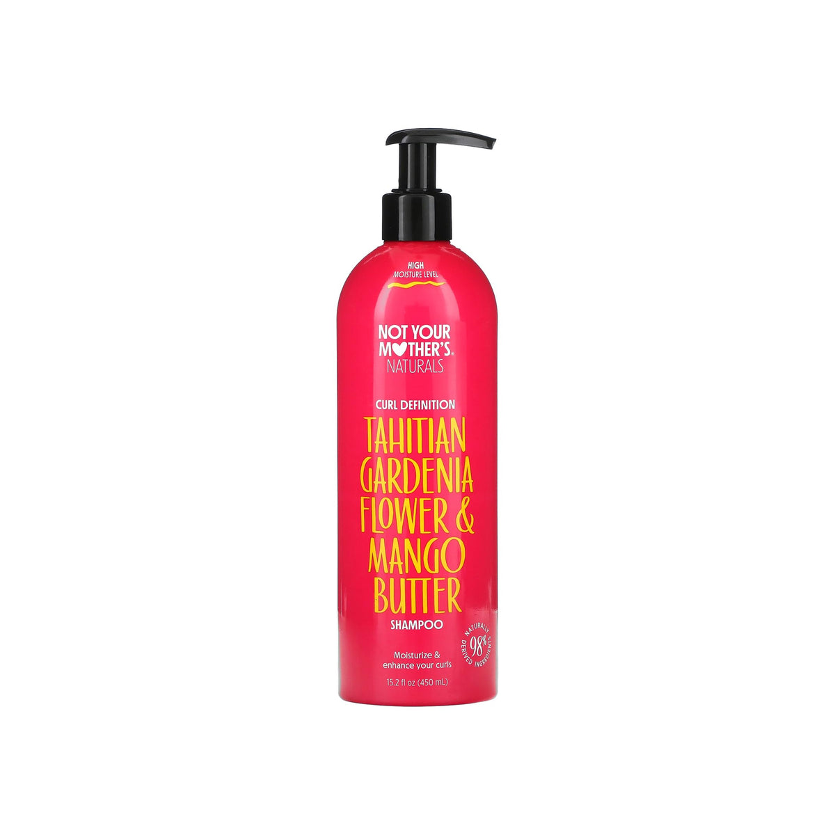 A red bottle with black pump containing Not Your Mother's Naturals Tahitian Gardenia Flower & Mango Butter Curl Defining Shampoo.