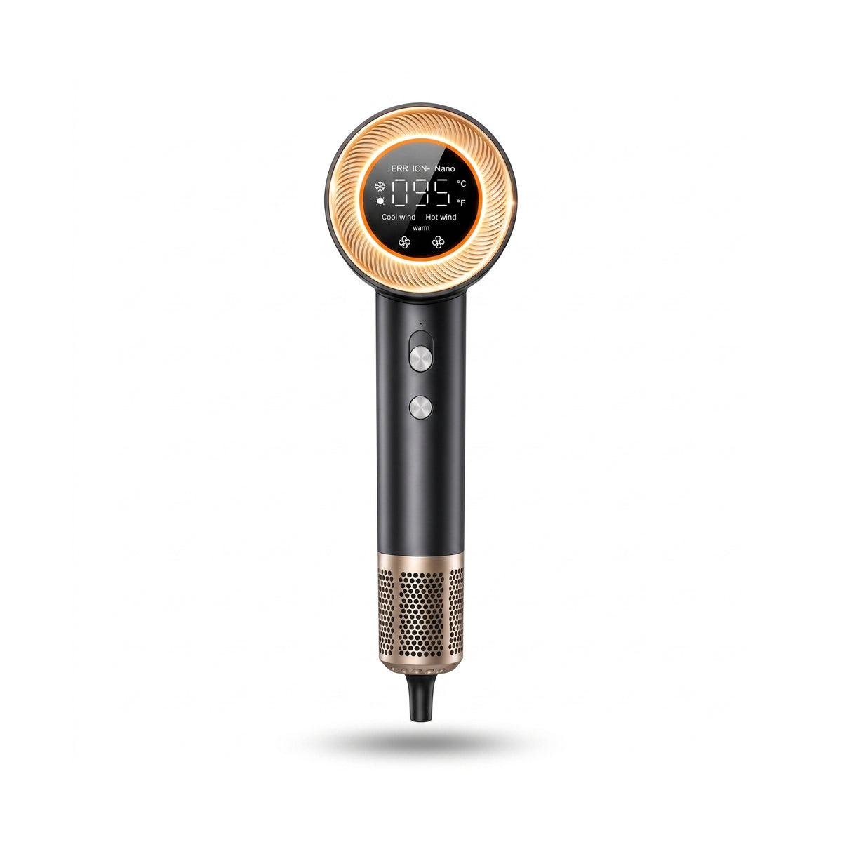 Black hair dryer with golden LED display, digital temperature display and bronze grid opening on the handle.