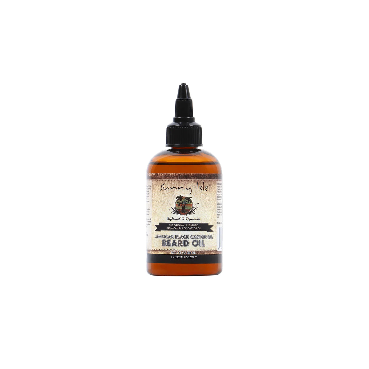 Sunny Isle Jamaican Black Castor Beard Oil (4 oz). The image shows the front of a bottle of Sunny Isle Jamaican Black Castor Beard Oil. The product is marketed as authentic Jamaican black castor oil for beard care.