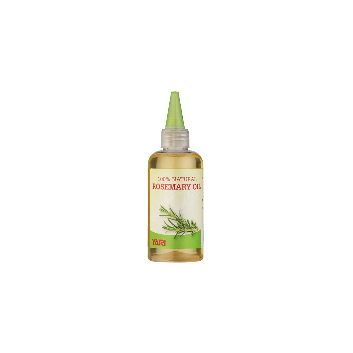 YARI 100% Natural Rosemary Oil (105 ml) with applicator. Clear plastic bottle with golden oil and transparent green applicator. Natural rosemary oil for skin and hair care.