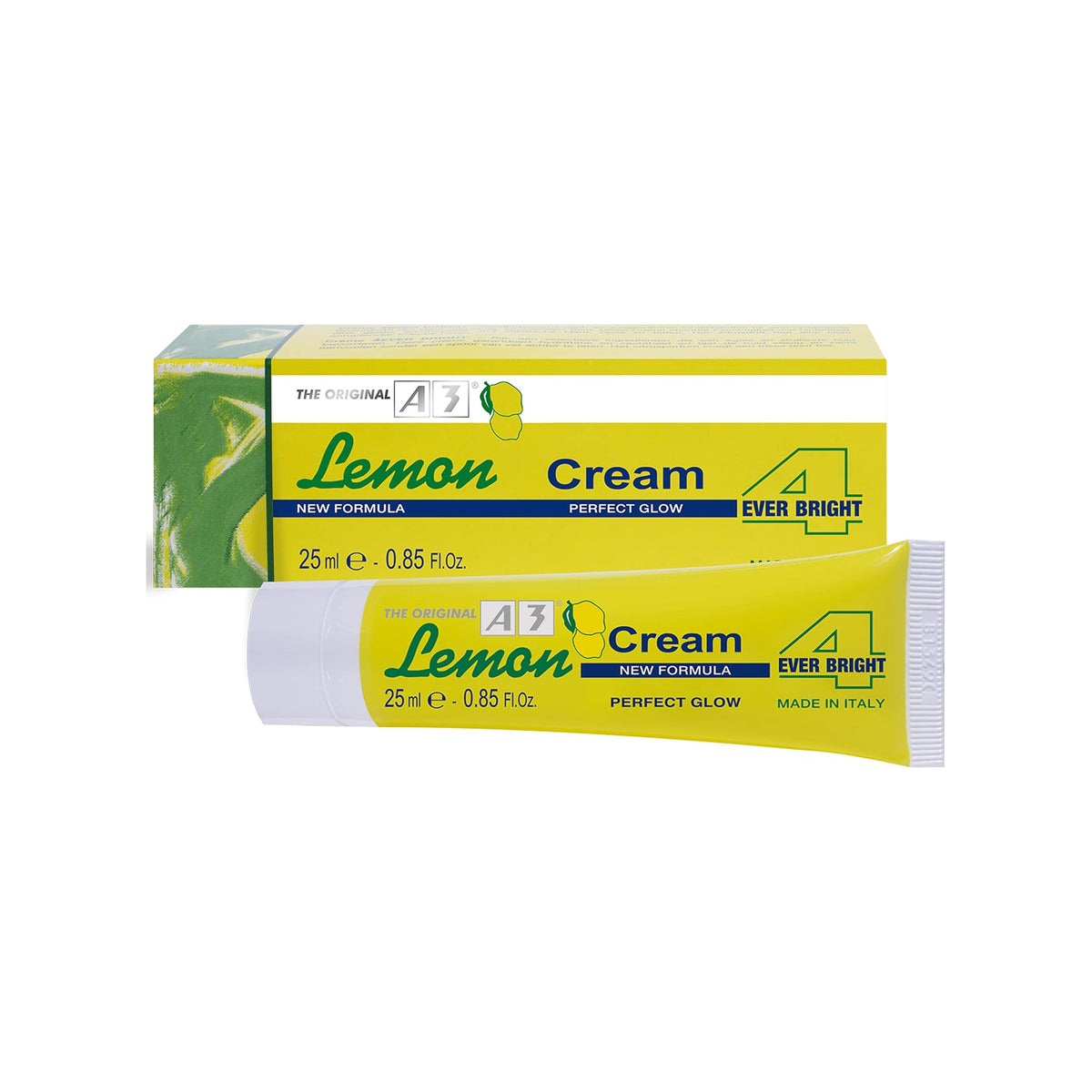 Lemon Cream A3 4 Ever Bright, yellow tube and box with green details, 25 ml skin care product for perfect glow, new formula.