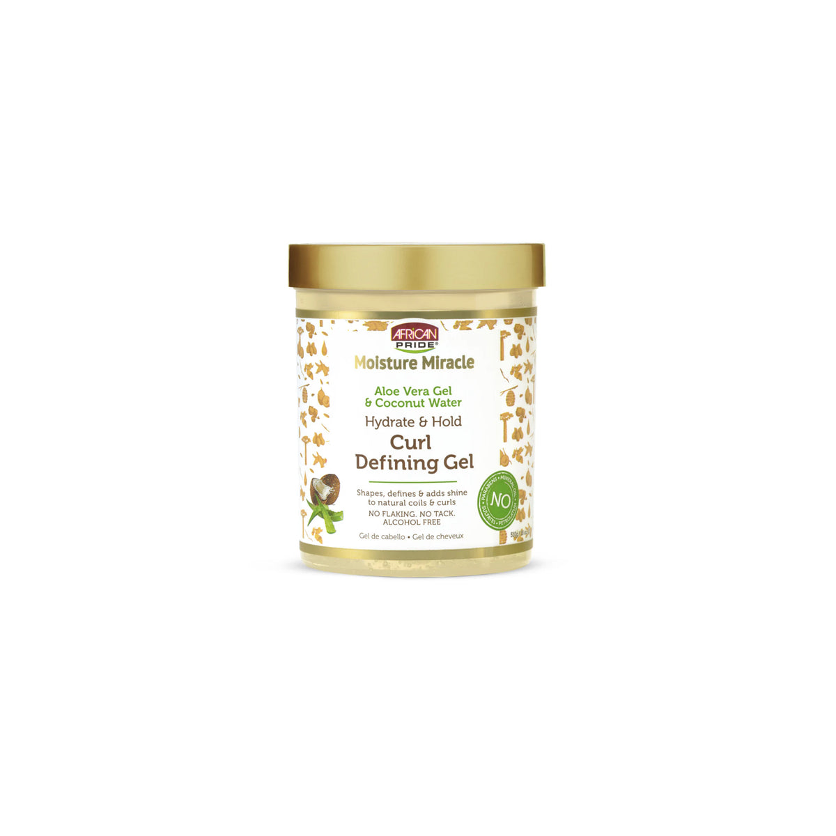 African Pride Moisture Miracle Curl Defining Gel in golden jar with decorative pattern.
