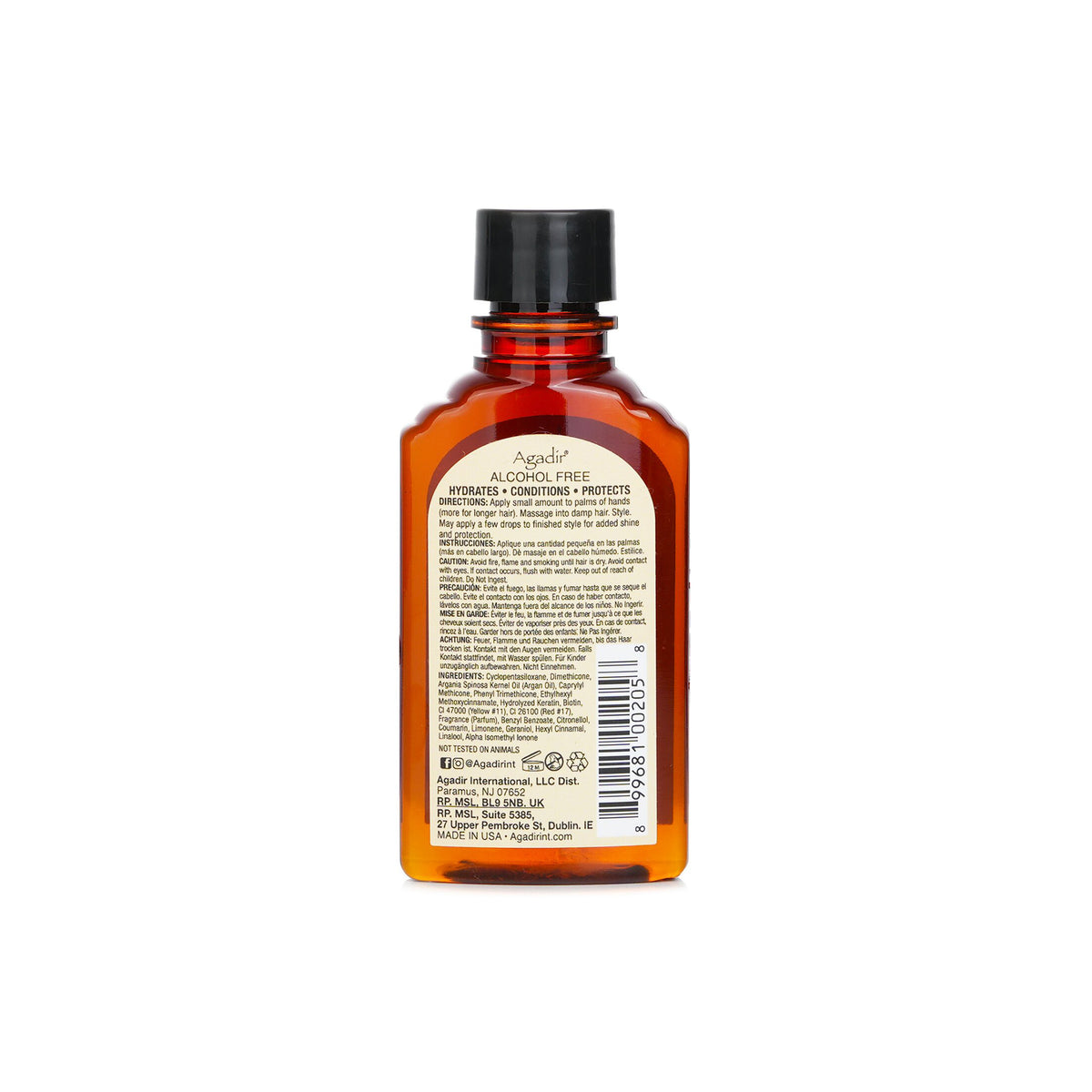 Back of a brown glass bottle with Agadir Argan Oil Treatment. The label shows product information and ingredients.