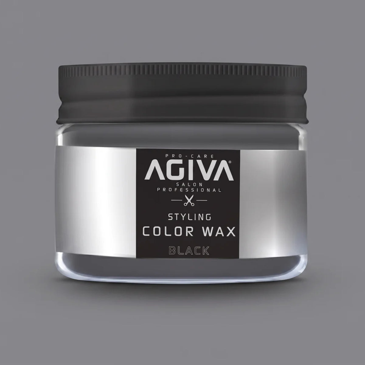 Agiva Styling Color Wax Black in transparent jar with black screw lid on gray background.