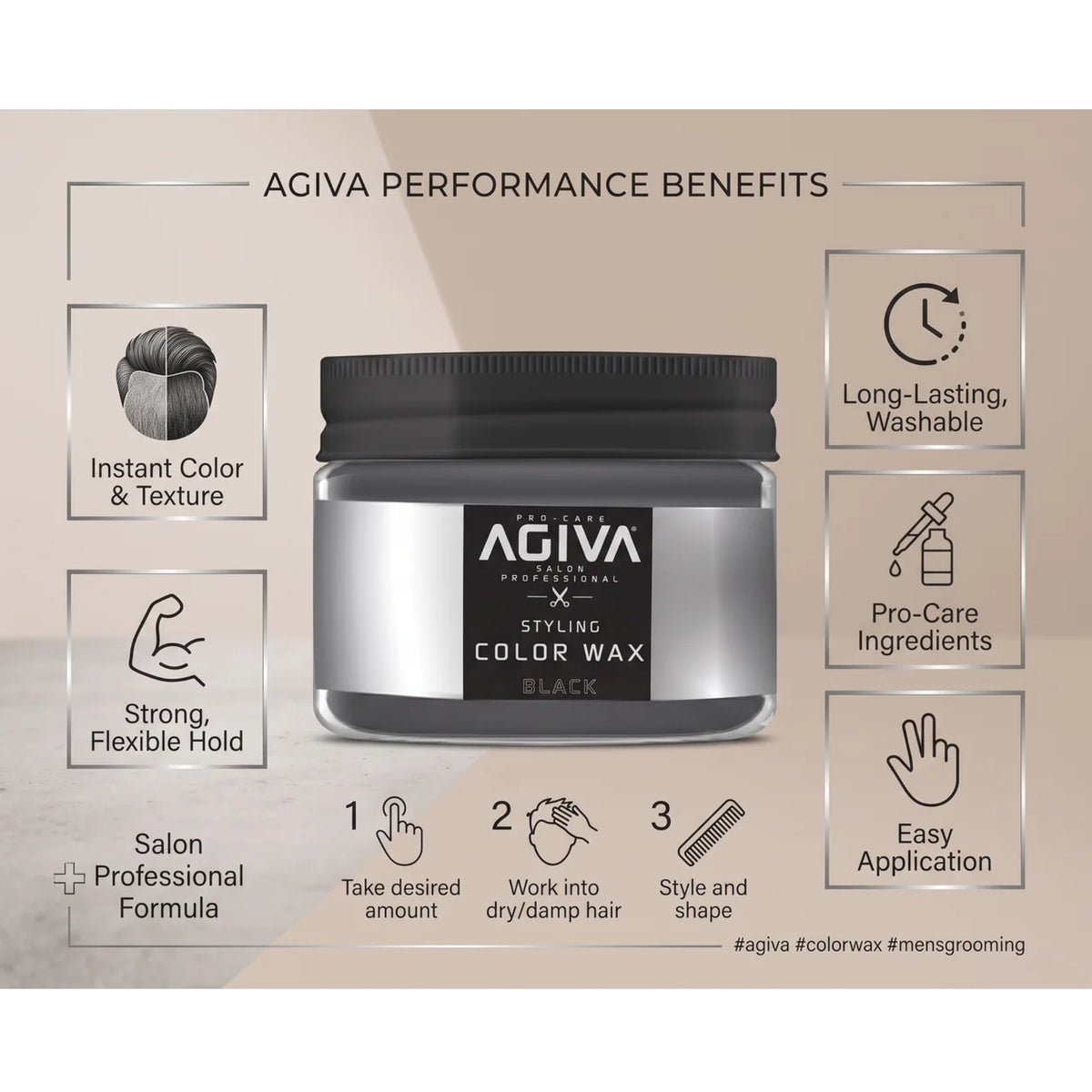 AGIVA Color Wax Black in silver glass with black lid, surrounded by icons showing benefits and instructions for use in 3 steps.