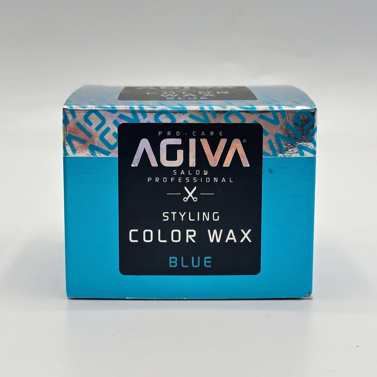 Agiva Pro-Care Styling Color Wax Blue in turquoise packaging with silver-patterned band and black label.