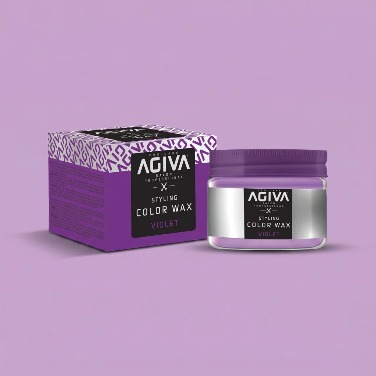 Agiva Styling Color Wax Violet in purple packaging and glass with a purple lid on a light purple background.