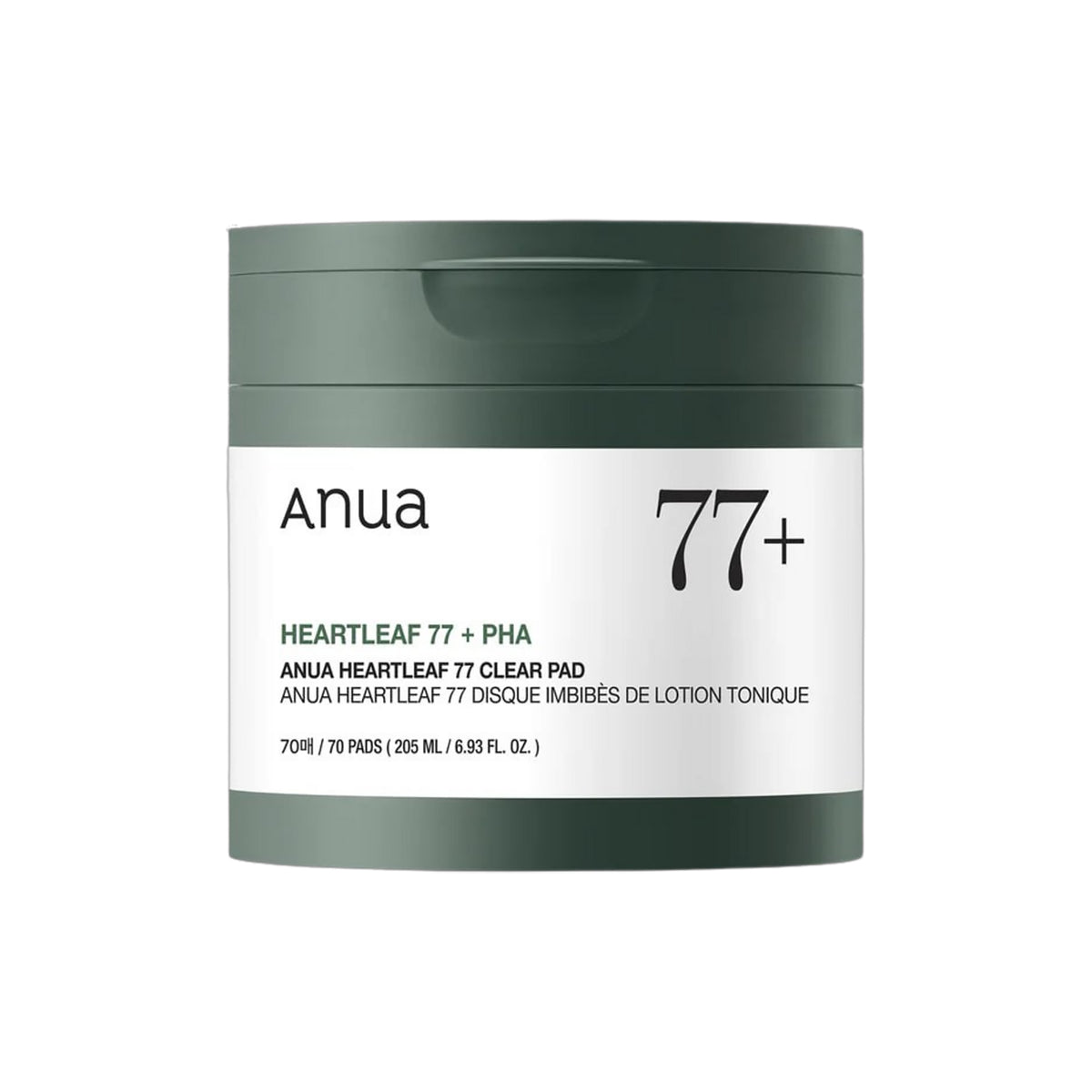 Anua Heartleaf 77 Clear Pad in green and white jar with 70 PHA-saturated cleansing face pads.