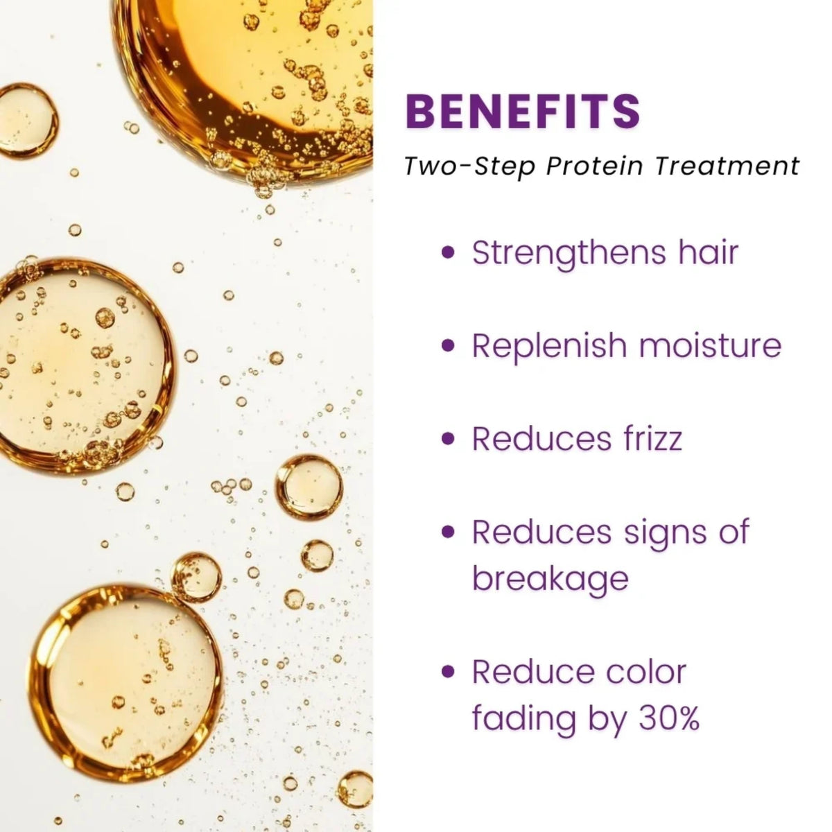Gyldne olie-bobler ved siden af fordele-liste for two-step protein treatment: styrker hår, reducerer frizz og brud.