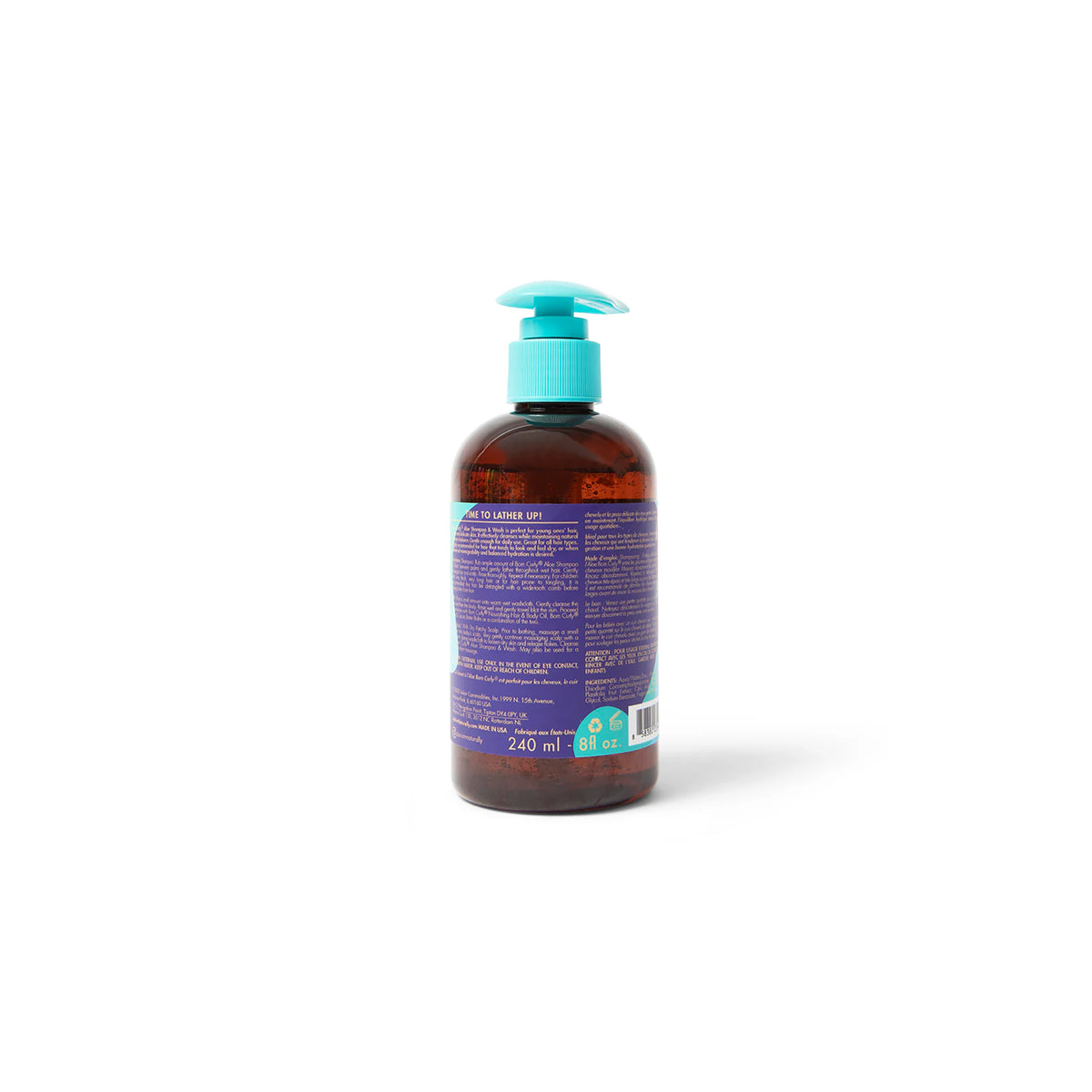 Back of a brown plastic bottle of As I Am Born Curly Aloe Shampoo & Wash. The label shows product information, including ingredients and instructions for use. The product is designed to moisturize and define curls.