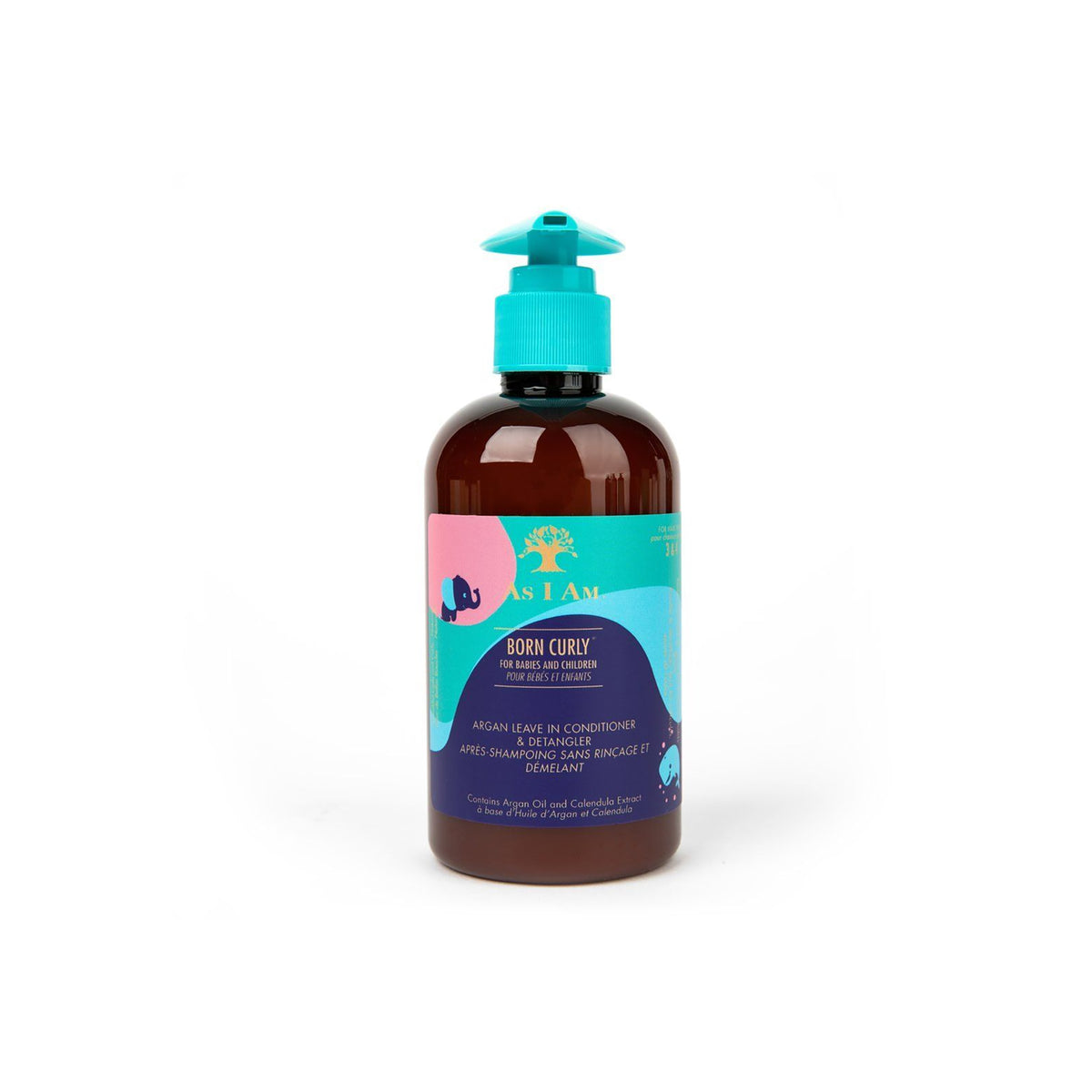 A brown plastic bottle with a pump dispenser contains As I Am Born Curly Argan Leave-In Conditioner & Detangler. The label is pink and white with a picture of a palm tree. The product is designed to care for and make curly hair soft and easy to comb.