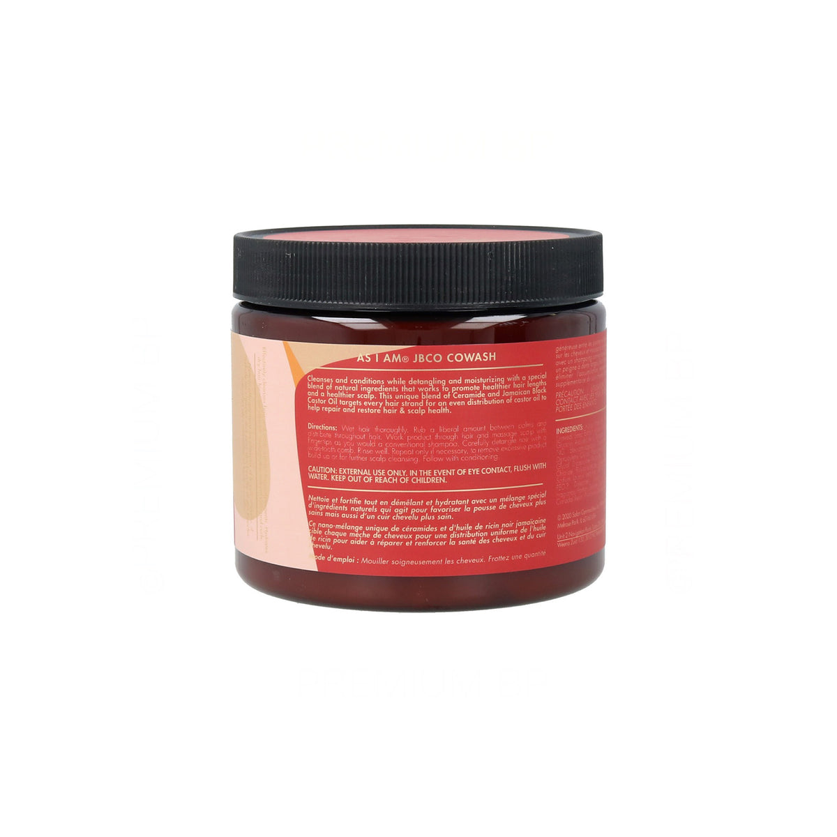 The back of a jar of As I Am Jamaican Black Castor Oil Co-Wash showing product information and ingredients list.