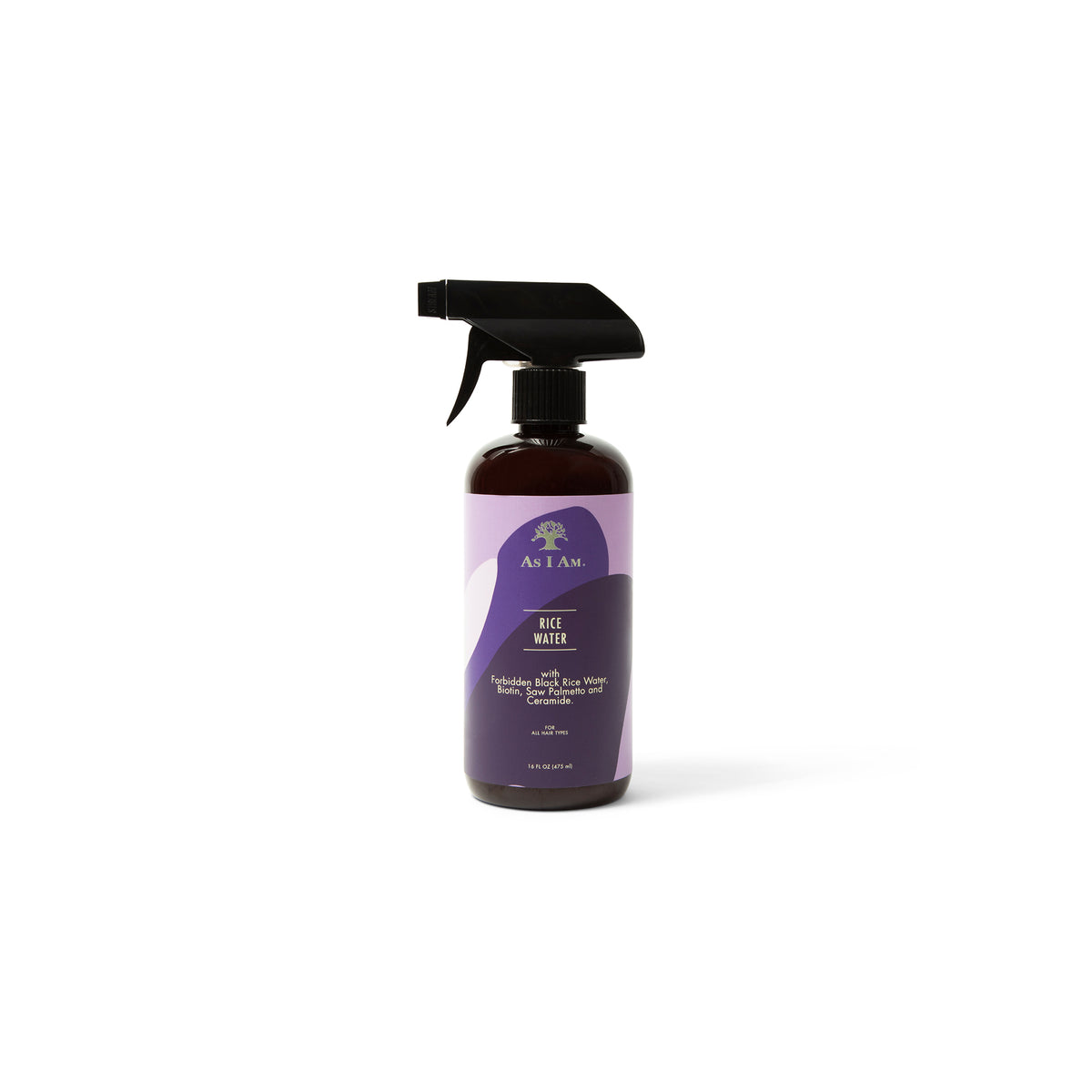 A brown spray bottle with a black spray head, labeled As I Am Rice Water Spray (475ml), in front of a white background.