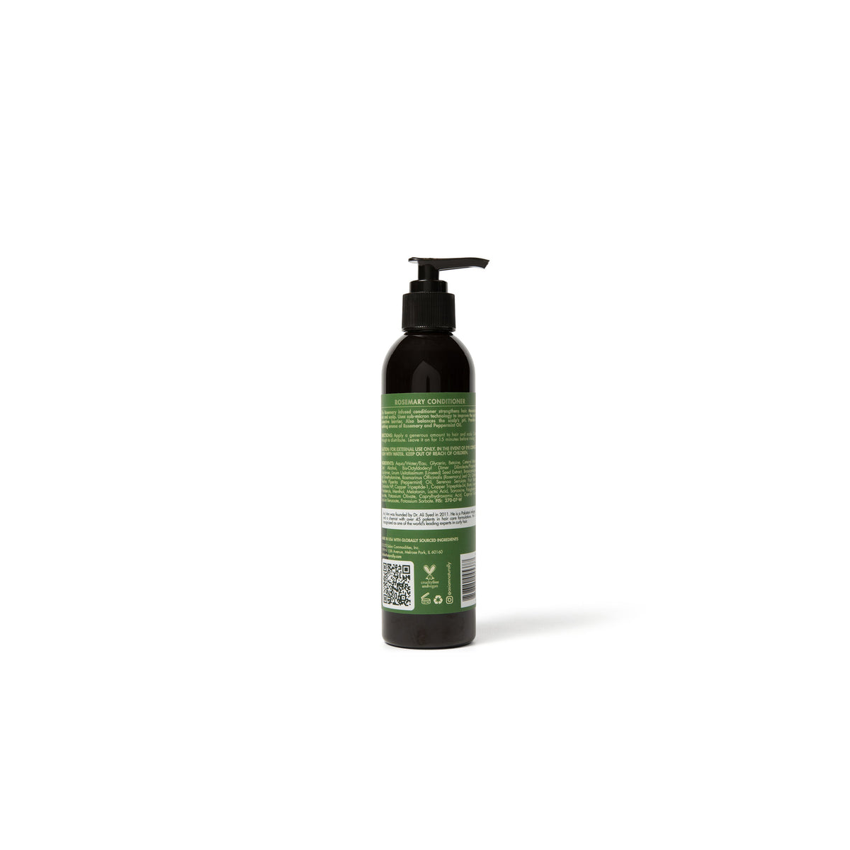 The back of a bottle of As I Am Rosemary Conditioner (237 ml) with ingredients list, instructions for use, QR code and additional product information.