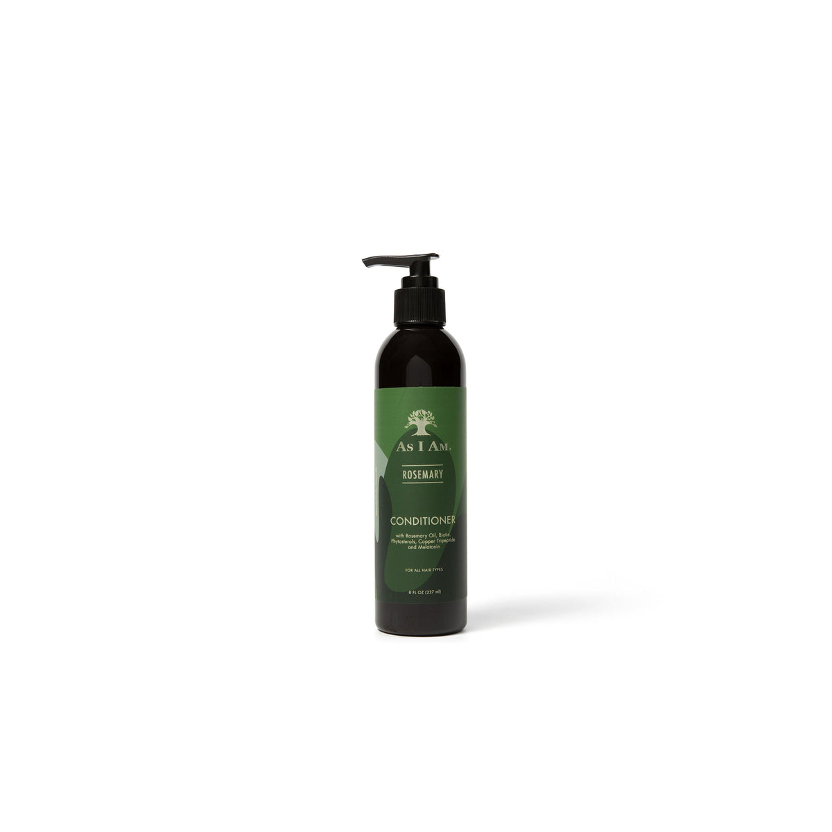 A bottle of As I Am Rosemary Conditioner (237 ml) with black pump and green label with product name and logo.