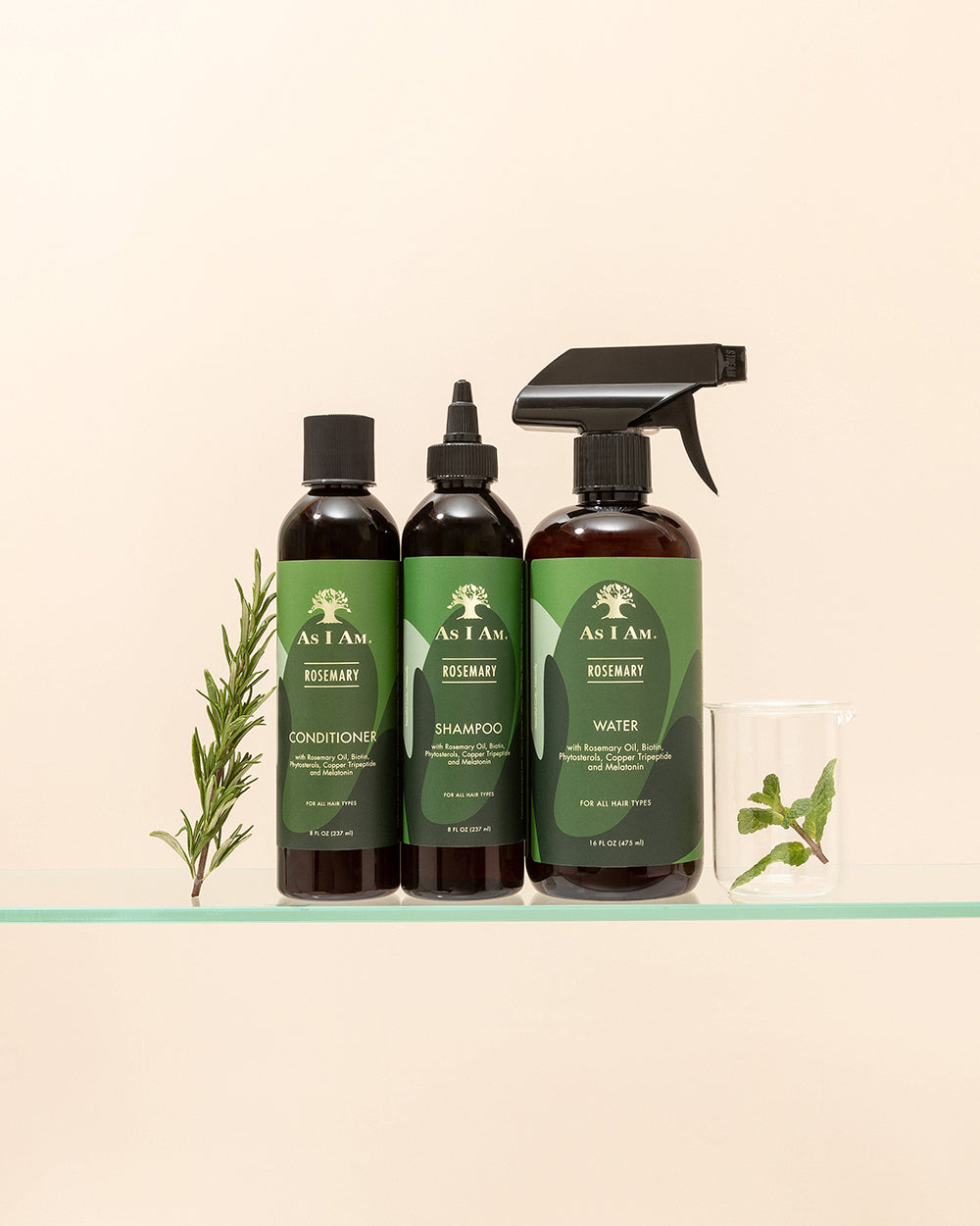 Image of the As I Am Rosemary range consisting of Conditioner, Shampoo and Water Spray (475ml),