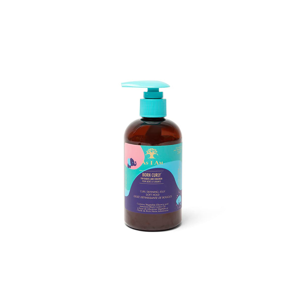 As I Am Born Curly Curl Defining Jelly 240ml in brown bottle with turquoise pump and colorful label for curly hair.