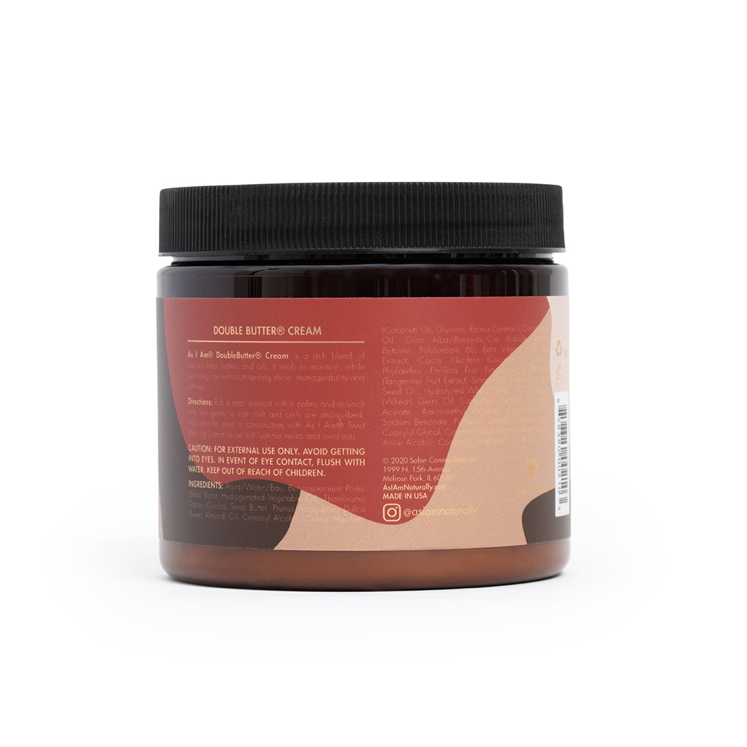 A brown plastic can with a black lid. The jar contains As I Am Double Butter Cream and has a brown label with yellow writing. The label contains product information such as ingredients and instructions for use.