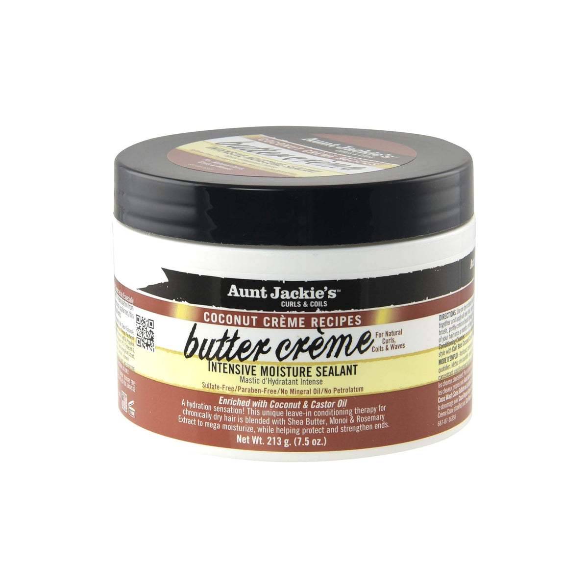 Aunt Jackie's Coconut Crème Recipes Butter Crème Intensive Moisture Sealant in white container.