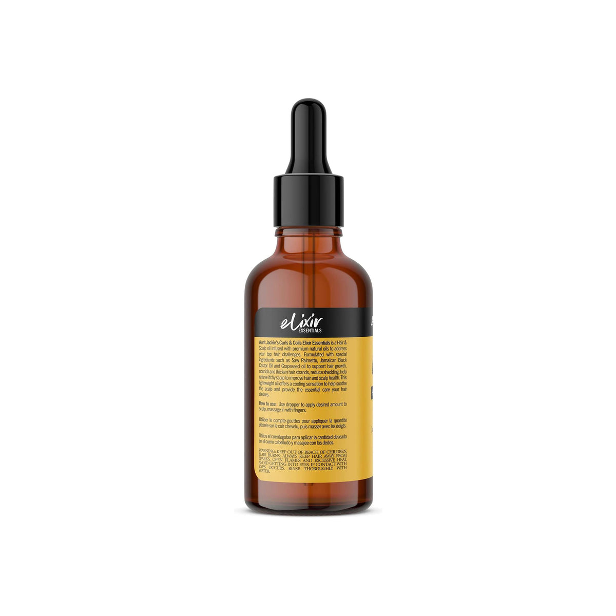 Aunt Jackie's Elixir Essentials Hair and Scalp Oil, back of a brown glass bottle with dropper. Description of ingredients and instructions for use are visible on the label