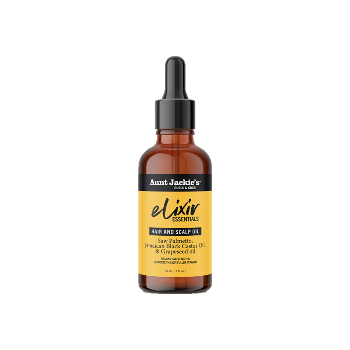 Aunt Jackie's Elixir Essentials Hair and Scalp Oil, a brown glass bottle with dropper. 