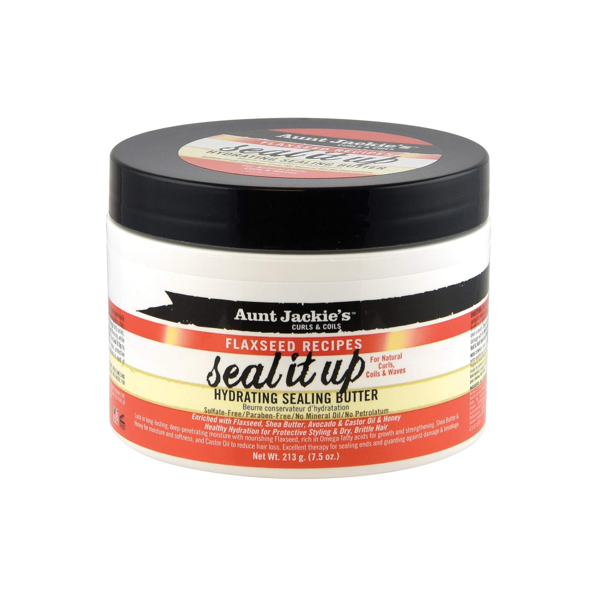 Aunt Jackie's Flaxseed Recipes Seal It Up Hydrating Sealing Butter, a white container with a black lid