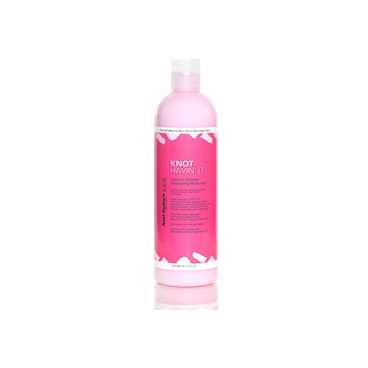 Aunt Jackie's Kids Knot Havin' It Leave-In Ultimate Detangling Moisturizer, a pink bottle of leave-in conditioner for kids.