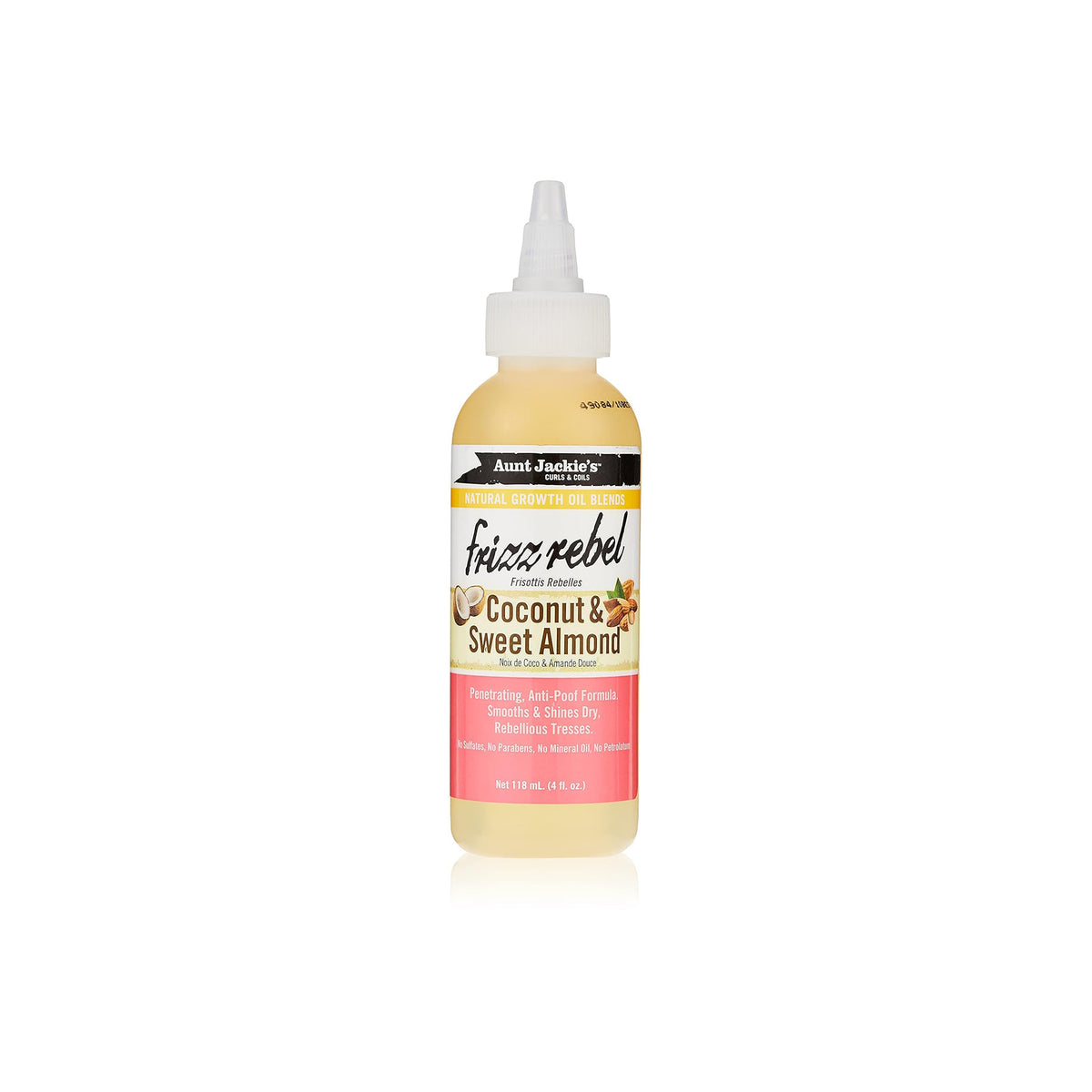 Aunt Jackie's Frizz Rebel Coconut & Sweet Almond Natural Growth Oil in a clear bottle with a white tip.
