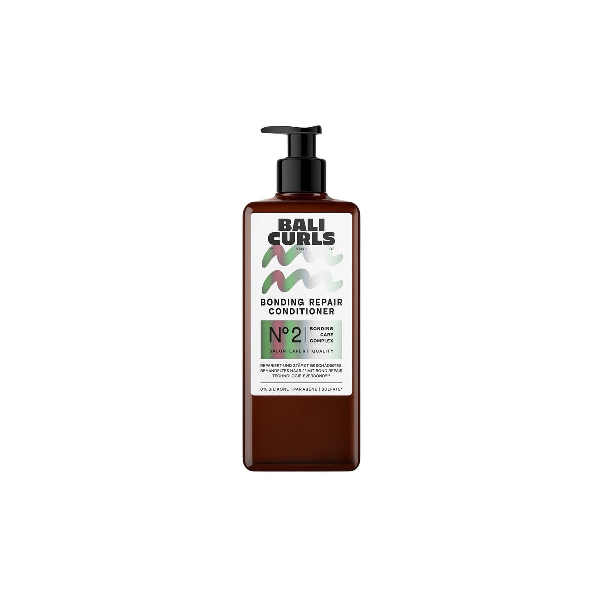 BALI CURLS Bonding Repair Conditioner in brown pump bottle with colored wave pattern and green label with N°2.