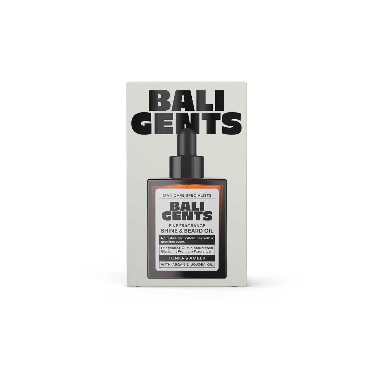 Bali Gents Beard Oil 30ml in elegant brown glass bottle with dropper and black and white packaging with clear product text.