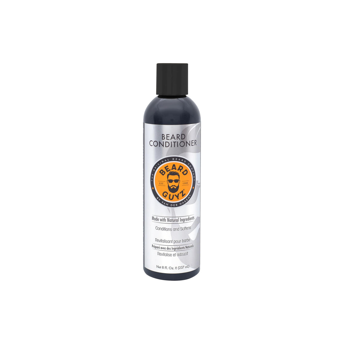 Black plastic bottle of Beard Guyz beard balm. The bottle has a black screw cap and a white label with product information.