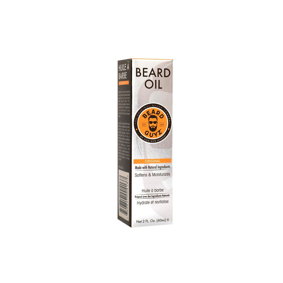 60 ml bottle of Beard Guyz Original beard oil. The product is packed in a gray package with black and orange illustrations.